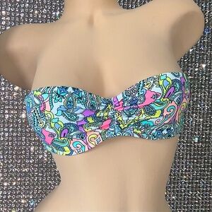 Victoria secret bikini top paisley neon strapless bathing suit pink blue green